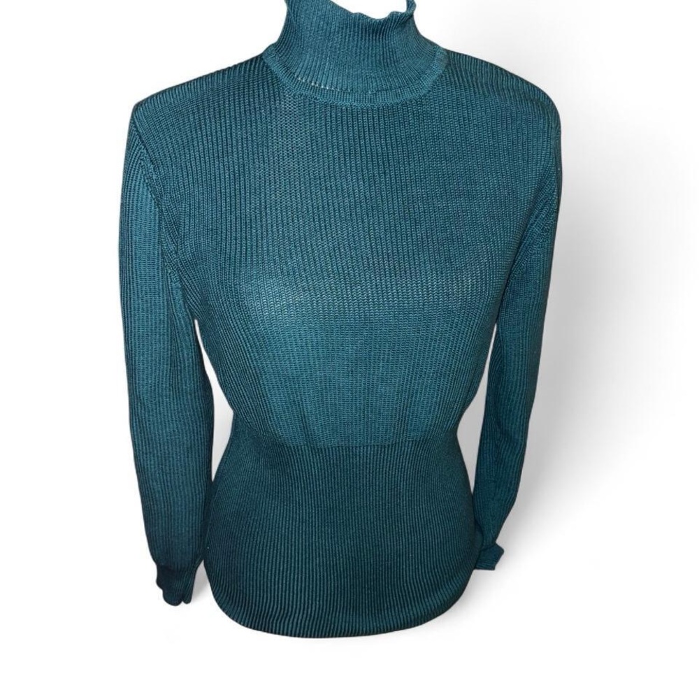 Peruvian Connection Vintage Teal Snitch Waist Puff Sleeve Cotton Sweater Sz L